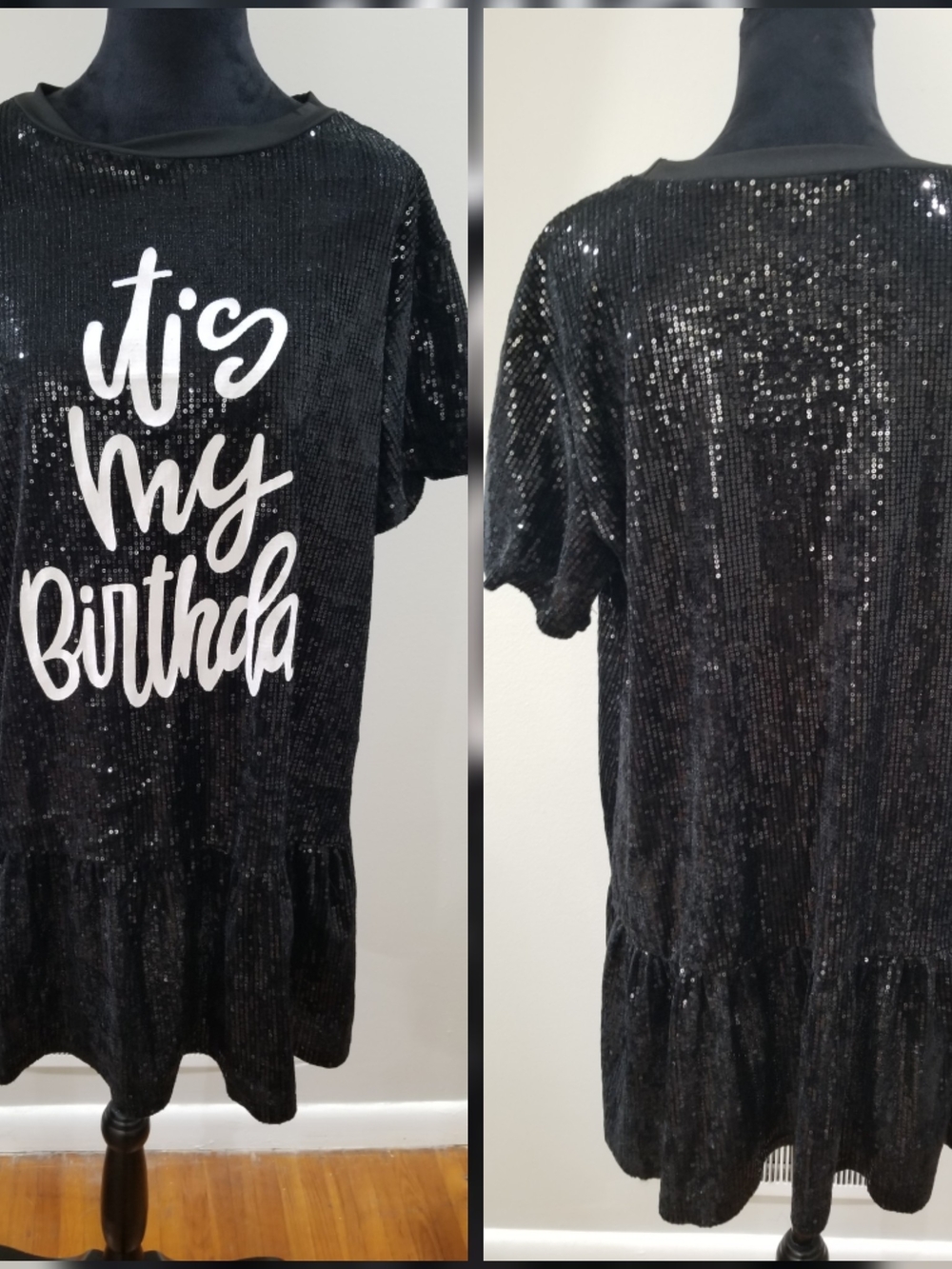 Black Sequin "It's My Birthday" Short Sleeve Tunic